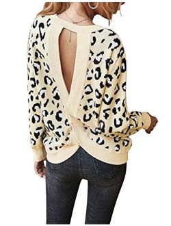 Chigant Women's Leopard Sweater Sexy Wrap Backless Ribbed Knit Round Neck Loose Fit Warm Pullover Jumper Tops