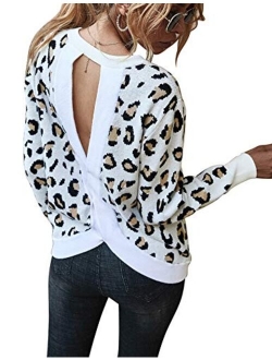 Chigant Women's Leopard Sweater Sexy Wrap Backless Ribbed Knit Round Neck Loose Fit Warm Pullover Jumper Tops