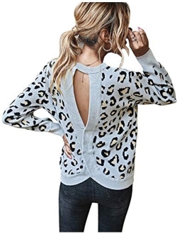 Chigant Women's Leopard Sweater Sexy Wrap Backless Ribbed Knit Round Neck Loose Fit Warm Pullover Jumper Tops