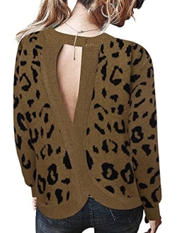 Chigant Women's Leopard Sweater Sexy Wrap Backless Ribbed Knit Round Neck Loose Fit Warm Pullover Jumper Tops