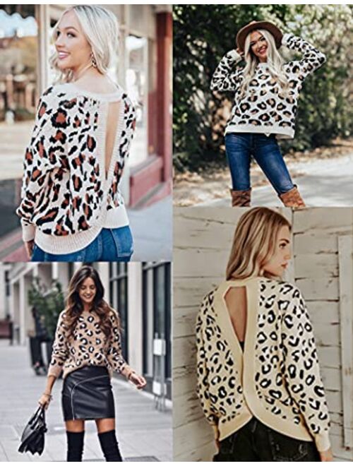 Chigant Women's Leopard Sweater Sexy Wrap Backless Ribbed Knit Round Neck Loose Fit Warm Pullover Jumper Tops