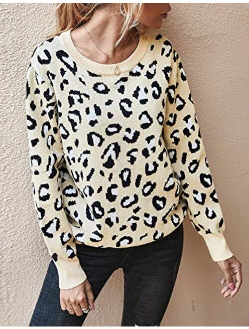 Chigant Women's Leopard Sweater Sexy Wrap Backless Ribbed Knit Round Neck Loose Fit Warm Pullover Jumper Tops