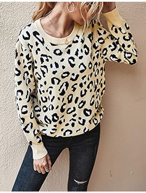 Chigant Women's Leopard Sweater Sexy Wrap Backless Ribbed Knit Round Neck Loose Fit Warm Pullover Jumper Tops