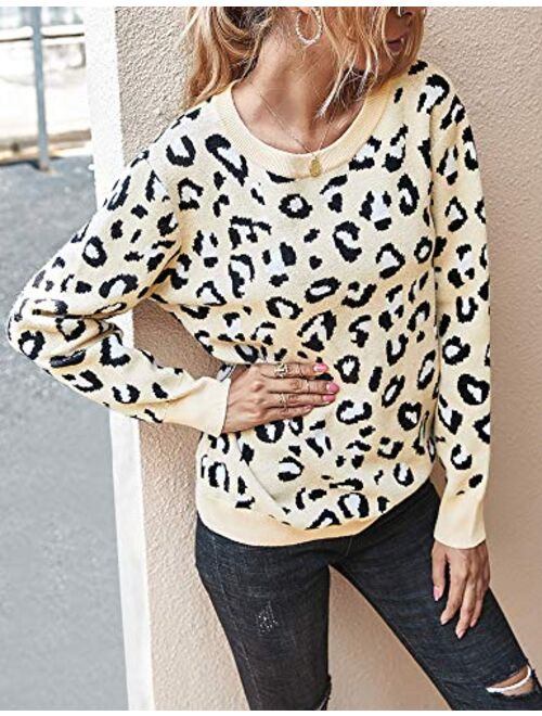 Chigant Women's Leopard Sweater Sexy Wrap Backless Ribbed Knit Round Neck Loose Fit Warm Pullover Jumper Tops