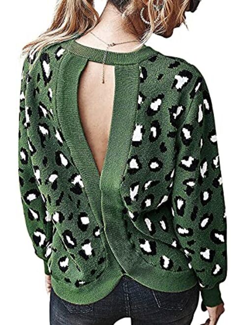 Chigant Women's Leopard Sweater Sexy Wrap Backless Ribbed Knit Round Neck Loose Fit Warm Pullover Jumper Tops