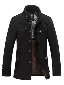 Men's Stand Collar Wool Blend Single Breasted Pea Coat with Fleece Lined