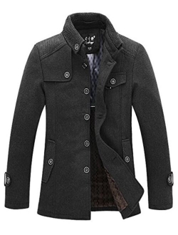 Men's Stand Collar Wool Blend Single Breasted Pea Coat with Fleece Lined