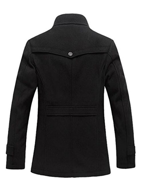 chouyatou Men's Stand Collar Wool Blend Single Breasted Pea Coat with Fleece Lined