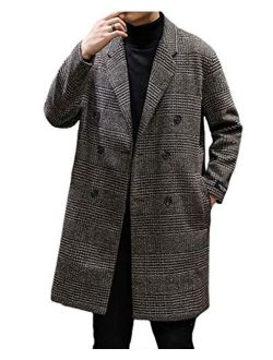 Men's Stylish Office Double Breasted Long Plaid Wool Pea Coat Overcoat