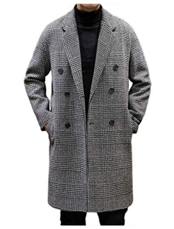 Men's Stylish Office Double Breasted Long Plaid Wool Pea Coat Overcoat