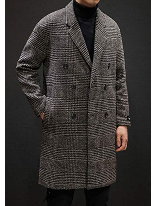 chouyatou Men's Stylish Office Double Breasted Long Plaid Wool Pea Coat Overcoat