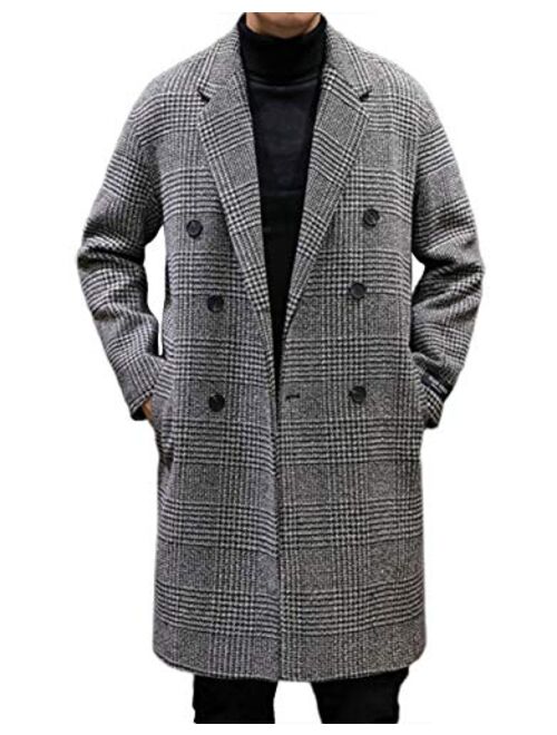 chouyatou Men's Stylish Office Double Breasted Long Plaid Wool Pea Coat Overcoat