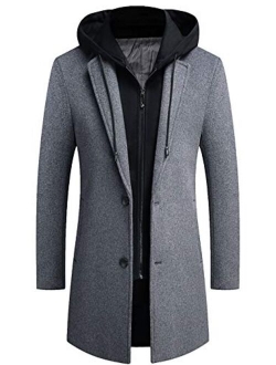 Men's Classic Notched Collar Button-Zip Front Wool Blend Midi Pea Coats Detachable Hood