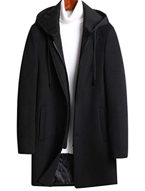 chouyatou Men's Classic Notched Collar Button-Zip Front Wool Blend Midi Pea Coats Detachable Hood