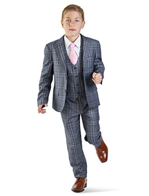 ÃZARMAN Boys Suit Tuxedo 5 Piece Set Windowpane Plaid Peak Lapel Vest Kids Dress Formal 35071