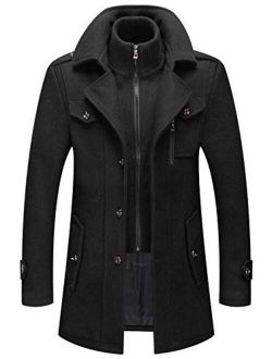 Men's Removable Inner Bib Lapel Collar Single Breasted Military Woolen Pea Coat