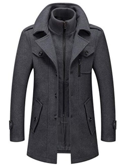 Men's Removable Inner Bib Lapel Collar Single Breasted Military Woolen Pea Coat