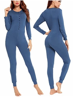 LecGee Womens Pajama Jumpsuits One Piece Sleepwear Button Bodysuit Modal Underwear Set Long Sleeve Union Suit