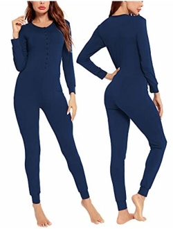 LecGee Womens Pajama Jumpsuits One Piece Sleepwear Button Bodysuit Modal Underwear Set Long Sleeve Union Suit