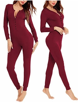 LecGee Womens Pajama Jumpsuits One Piece Sleepwear Button Bodysuit Modal Underwear Set Long Sleeve Union Suit