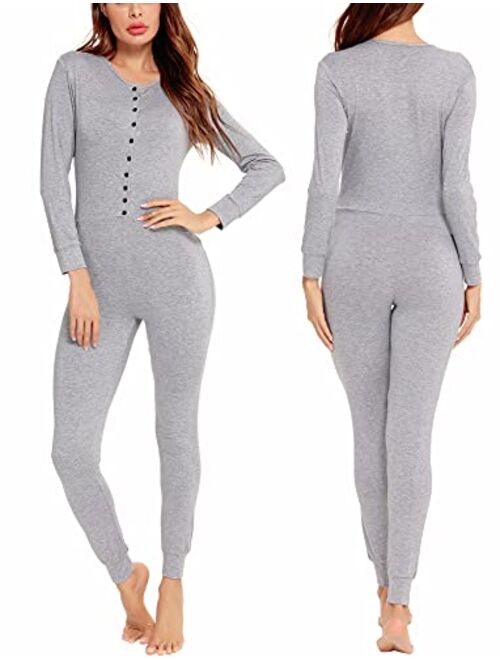 LecGee Womens Pajama Jumpsuits One Piece Sleepwear Button Bodysuit Modal Underwear Set Long Sleeve Union Suit