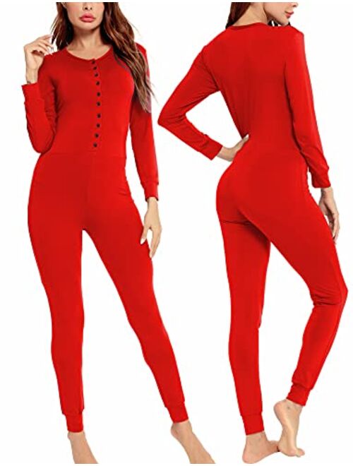 LecGee Womens Pajama Jumpsuits One Piece Sleepwear Button Bodysuit Modal Underwear Set Long Sleeve Union Suit