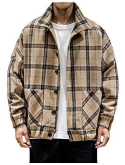 Men's Lapel Collar Loose Single Breasted Oversize Embroider Plaid Wool Blend Shacket Jacket