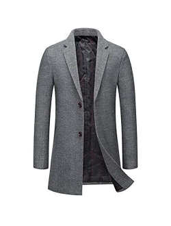 Men's Single Breasted Notched Collar Wool Blend Herringbone Tweed Pea Coat Overcoat