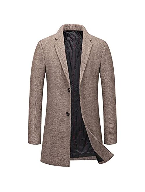 chouyatou Men's Single Breasted Notched Collar Wool Blend Herringbone Tweed Pea Coat Overcoat