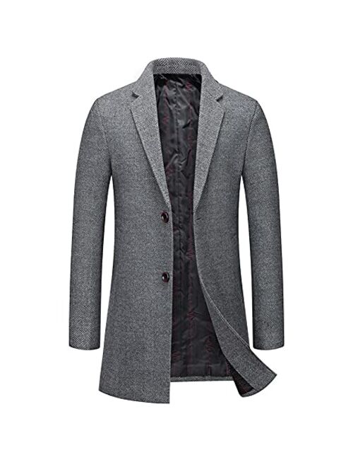 chouyatou Men's Single Breasted Notched Collar Wool Blend Herringbone Tweed Pea Coat Overcoat