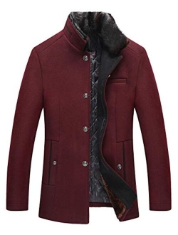 Men's Winter Quilted Lined Single Breasted Slim Woolen Pea Coat Detachable Fur Collar