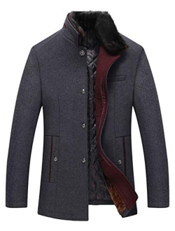 Men's Winter Quilted Lined Single Breasted Slim Woolen Pea Coat Detachable Fur Collar