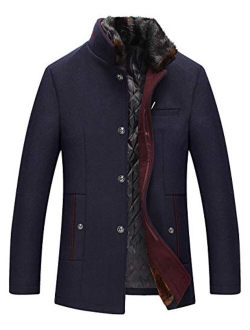 Men's Winter Quilted Lined Single Breasted Slim Woolen Pea Coat Detachable Fur Collar