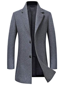 Men's Business Notched Collar 2 Button Slim Embroider Edge Splited Woolen Pea Coat