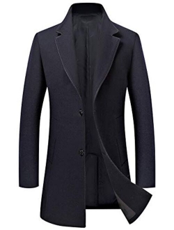 Men's Business Notched Collar 2 Button Slim Embroider Edge Splited Woolen Pea Coat