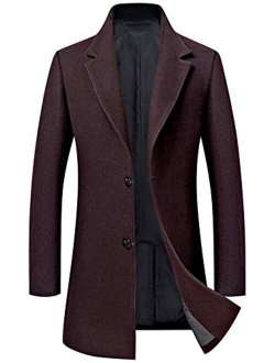 Men's Business Notched Collar 2 Button Slim Embroider Edge Splited Woolen Pea Coat