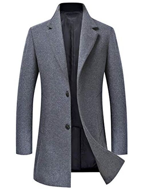 chouyatou Men's Business Notched Collar 2 Button Slim Embroider Edge Splited Woolen Pea Coat