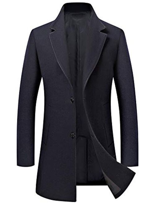 chouyatou Men's Business Notched Collar 2 Button Slim Embroider Edge Splited Woolen Pea Coat