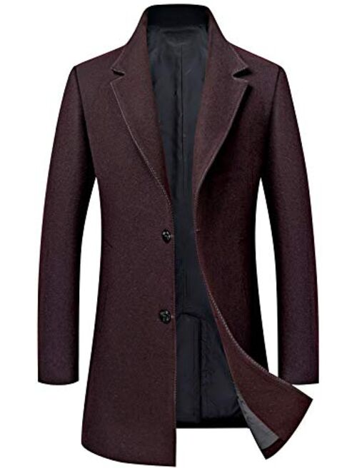 chouyatou Men's Business Notched Collar 2 Button Slim Embroider Edge Splited Woolen Pea Coat