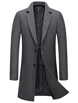 Men's Classic Notched Collar 2 Button Slim Fit Heavyweight Padded Wool Blend Windbreaker Long Trench Coat