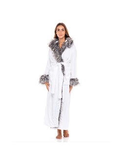 Women's Warm Fleece Robe with Hood, Long Faux Fur Plush Bathrobe for Winter