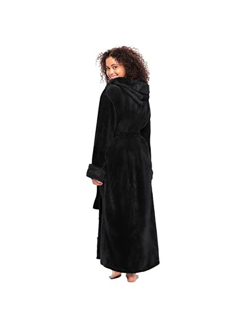 Alexander Del Rossa Women's Warm Fleece Robe with Hood, Long Faux Fur Plush Bathrobe for Winter