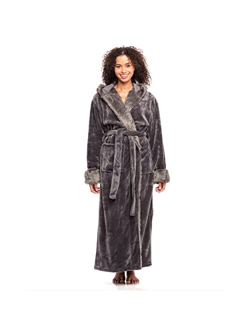 Alexander Del Rossa Women's Warm Fleece Robe with Hood, Long Faux Fur Plush Bathrobe for Winter