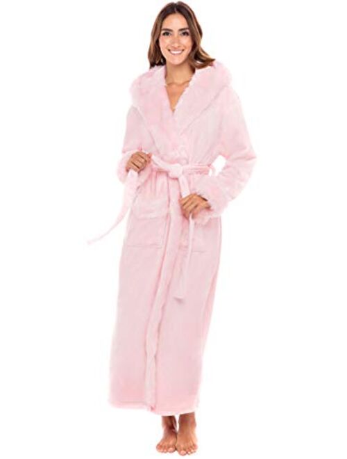 Alexander Del Rossa Women's Warm Fleece Robe with Hood, Long Faux Fur Plush Bathrobe for Winter