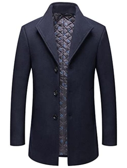 Men's Winter Lapel Colar Single Breasted Slim Heavyweight Quilted Lined Woolen Business Pea Coa