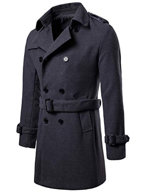 chouyatou Men's Button Front Double Breasted Mid-Long Wool Pea Coat