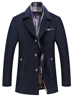 Men's Detachable Scarf Notched Collar Single Breasted Sherpa Lined Woolen Pea Coat