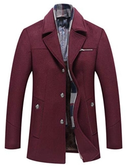 Men's Detachable Scarf Notched Collar Single Breasted Sherpa Lined Woolen Pea Coat