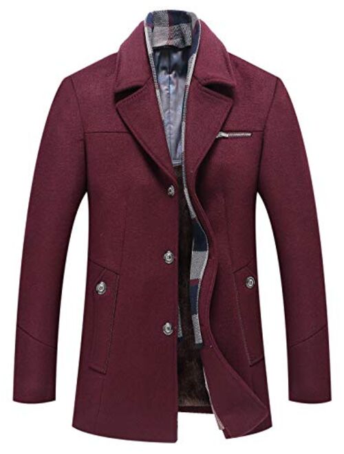 chouyatou Men's Detachable Scarf Notched Collar Single Breasted Sherpa Lined Woolen Pea Coat