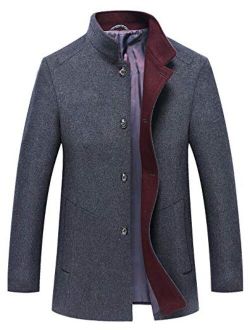 Men's Essential Banded Collar 3 Button Slim Formal Midweight Wool Splited Pea Coat